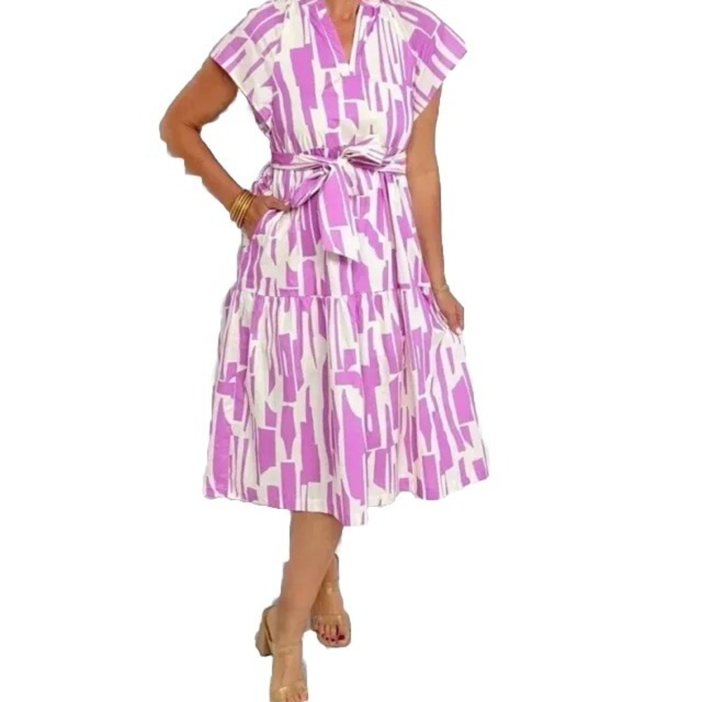 NWT Pinch Tie Waist Dress Print Pink Floaty Tiered Midi Medium Cotton Comfy